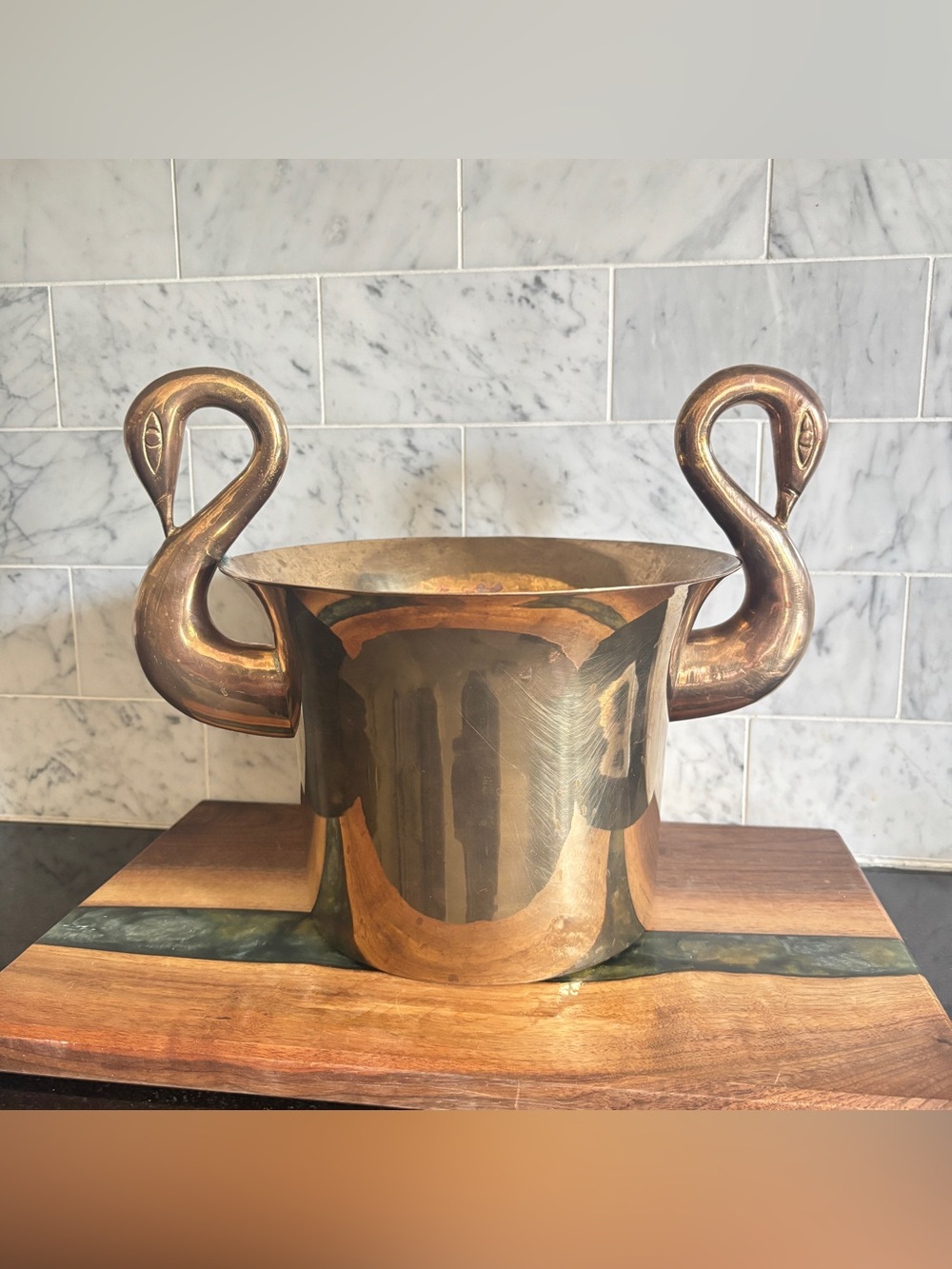Vintage Mid Century Brass Swans Ice Bucket / Planter